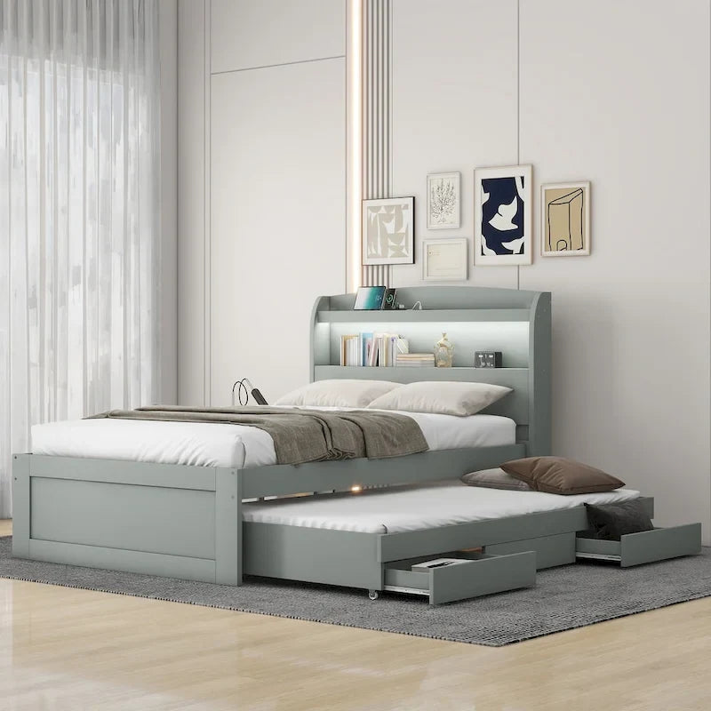 Letto a Piattaforma Twin XL con Contenitore, Testiera a LED, Stazione di Ricarica, Letto Estraibile Twin e 2 Cassetti
