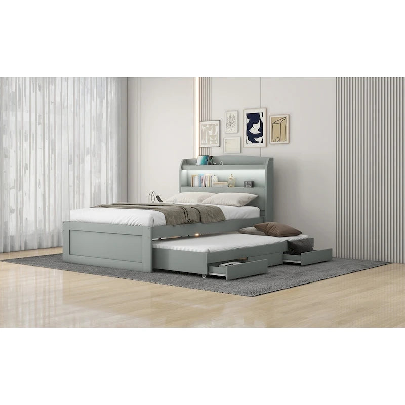 Letto a Piattaforma Twin XL con Contenitore, Testiera a LED, Stazione di Ricarica, Letto Estraibile Twin e 2 Cassetti