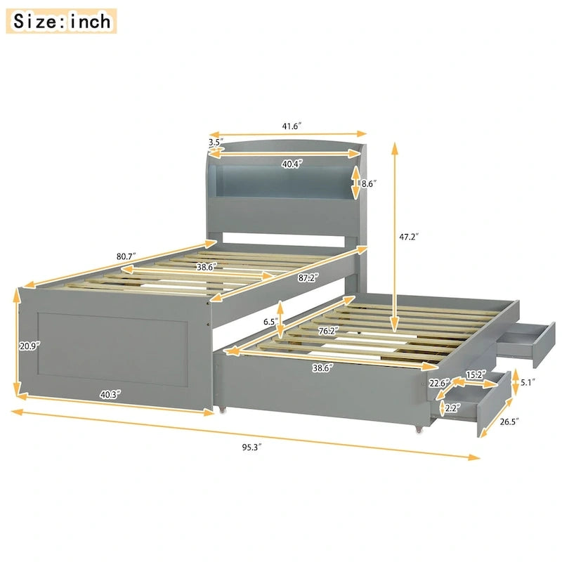 Letto a Piattaforma Twin XL con Contenitore, Testiera a LED, Stazione di Ricarica, Letto Estraibile Twin e 2 Cassetti