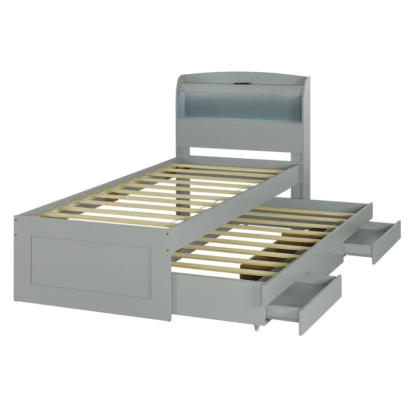 Letto a Piattaforma Twin XL con Contenitore, Testiera a LED, Stazione di Ricarica, Letto Estraibile Twin e 2 Cassetti