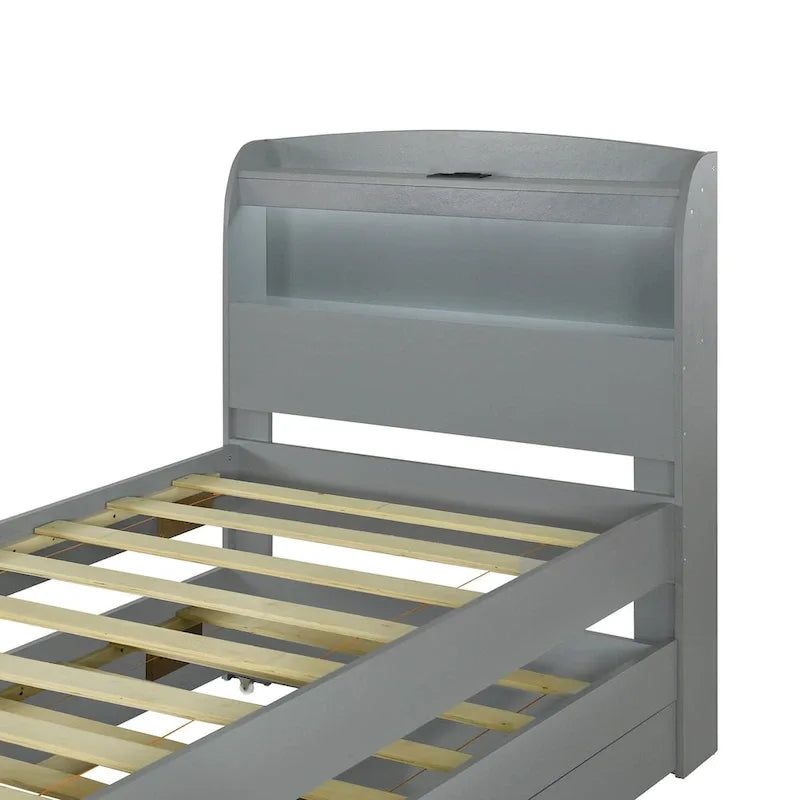 Letto a Piattaforma Twin XL con Contenitore, Testiera a LED, Stazione di Ricarica, Letto Estraibile Twin e 2 Cassetti