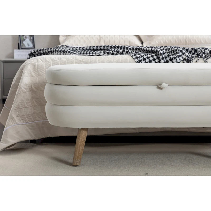 Panca contenitore imbottita con gambe in legno