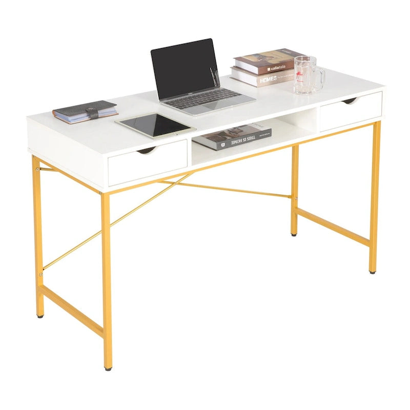 Scrivania da 48" con cassetti, Ampia Postazione Lavoro Computer Laptop in Stile Contemporaneo per Ufficio Domestico con Spazio Contenitore