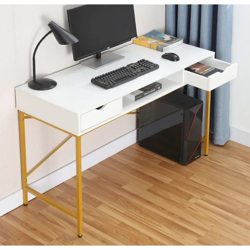 Scrivania da 48" con cassetti, Ampia Postazione Lavoro Computer Laptop in Stile Contemporaneo per Ufficio Domestico con Spazio Contenitore