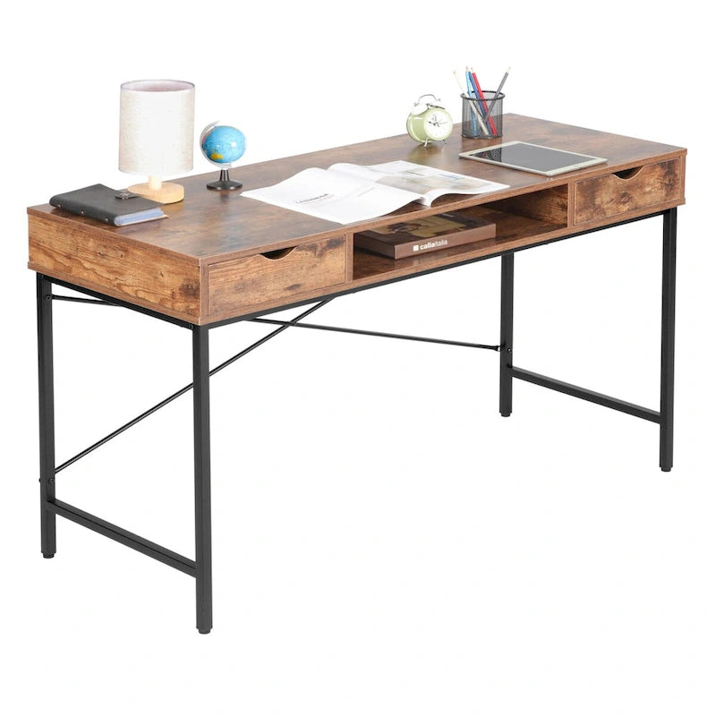 Scrivania da 48" con cassetti, Ampia Postazione Lavoro Computer Laptop in Stile Contemporaneo per Ufficio Domestico con Spazio Contenitore