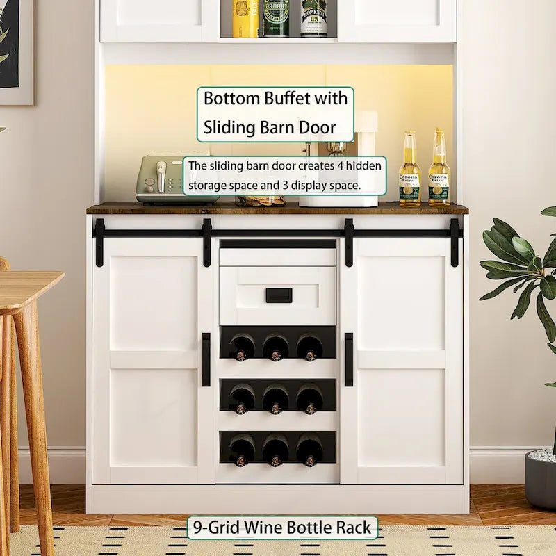 Mobile bar rustico da fattoria con ante scorrevoli, credenza da cucina, tavolo buffet, bianco