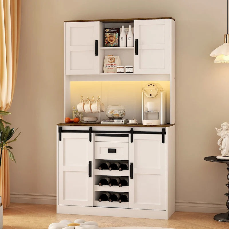 Mobile bar rustico da fattoria con ante scorrevoli, credenza da cucina, tavolo buffet, bianco