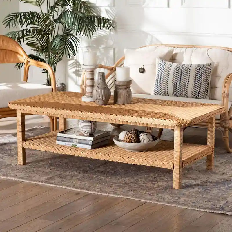 Tavolino da caffè Minahasa in rattan intrecciato bohémien chiaro color miele