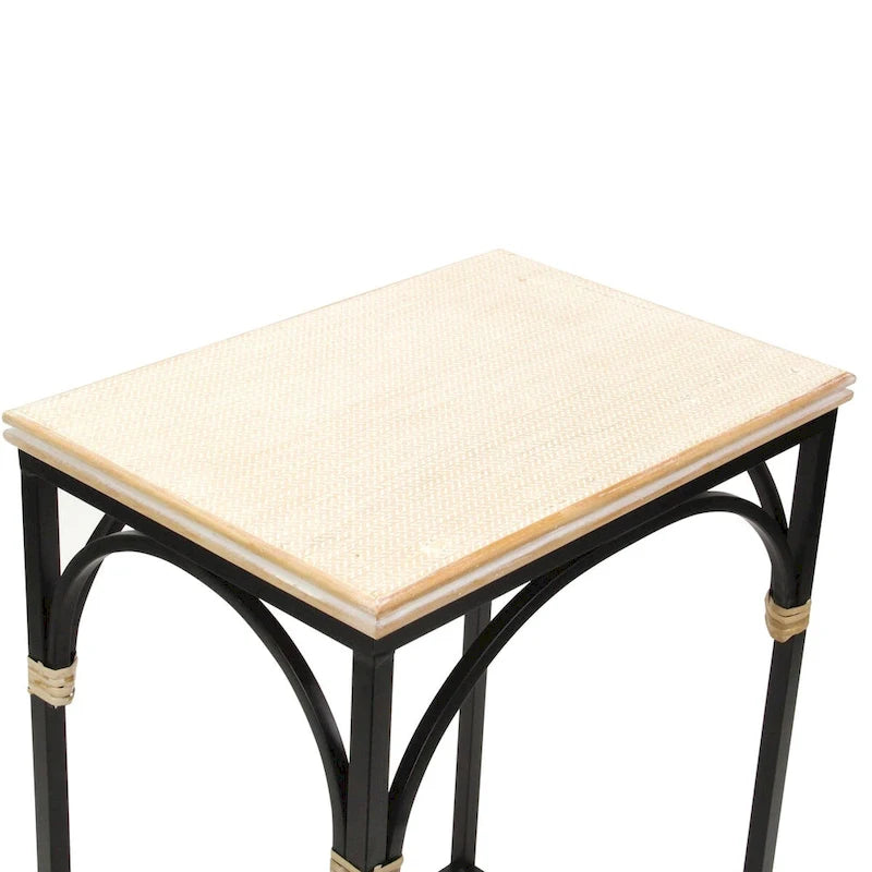 Tavolini rettangolari Claudette in legno e metallo con dettagli in rattan