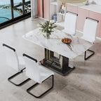 Tavolo da pranzo. Piano in finto marmo bianco. Gambe in MDF nero con linee dorate e base nera