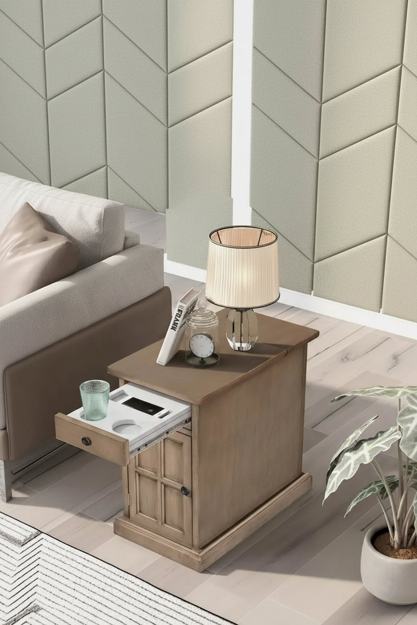 Classic Vintage Living Room End Table Side Table with USB Ports and One Multifunctional Drawer with Cup Holders