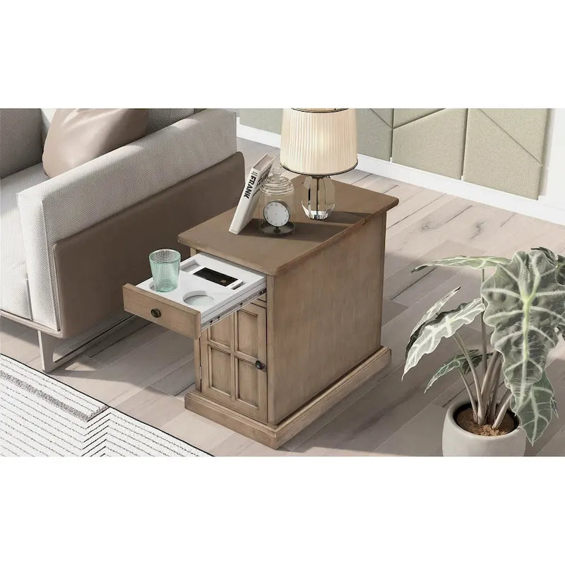 Tavolino da salotto/comodino classico vintage con porte USB e cassetto multifunzione con portabicchieri