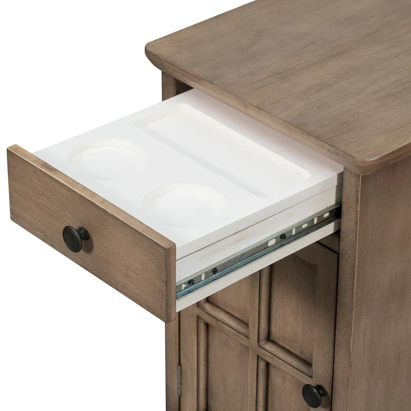 Tavolino da salotto/comodino classico vintage con porte USB e cassetto multifunzione con portabicchieri