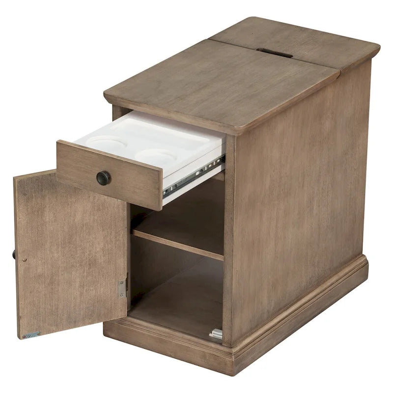Tavolino da salotto/comodino classico vintage con porte USB e cassetto multifunzione con portabicchieri