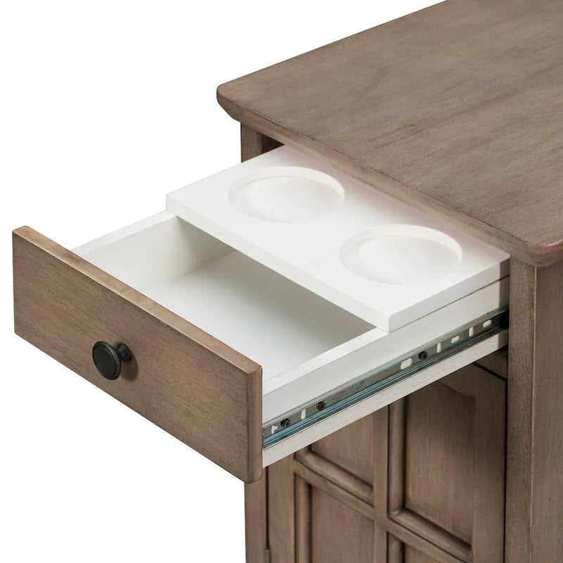 Tavolino da salotto/comodino classico vintage con porte USB e cassetto multifunzione con portabicchieri