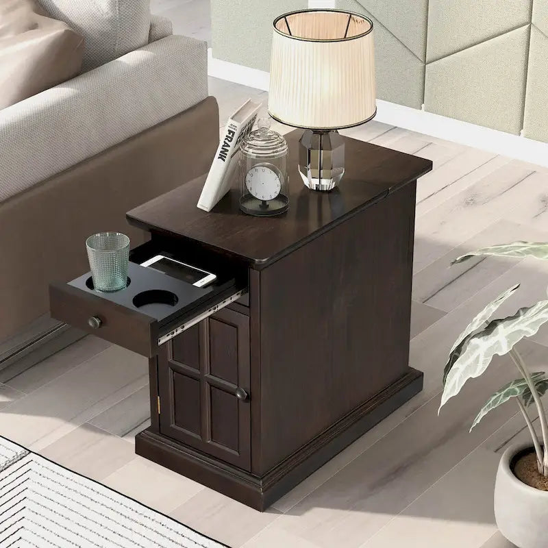 Tavolino da salotto/comodino classico vintage con porte USB e cassetto multifunzione con portabicchieri
