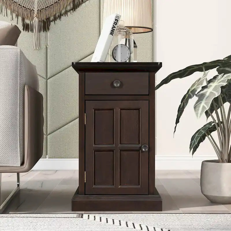 Tavolino da salotto/comodino classico vintage con porte USB e cassetto multifunzione con portabicchieri