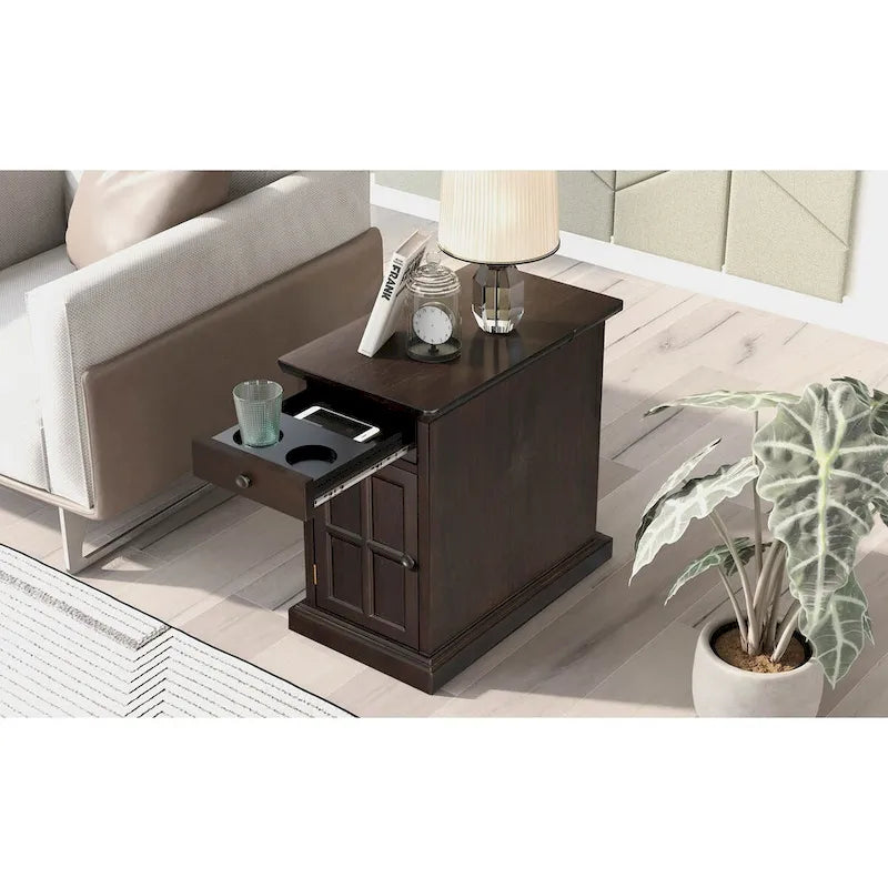 Tavolino da salotto/comodino classico vintage con porte USB e cassetto multifunzione con portabicchieri