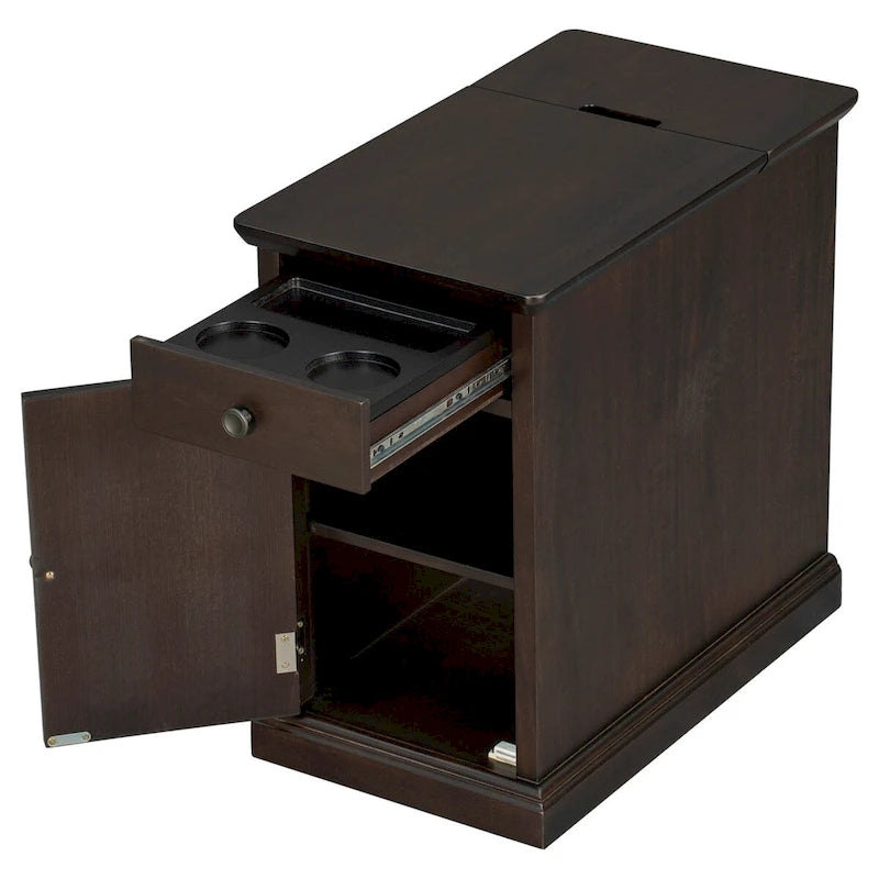 Tavolino da salotto/comodino classico vintage con porte USB e cassetto multifunzione con portabicchieri